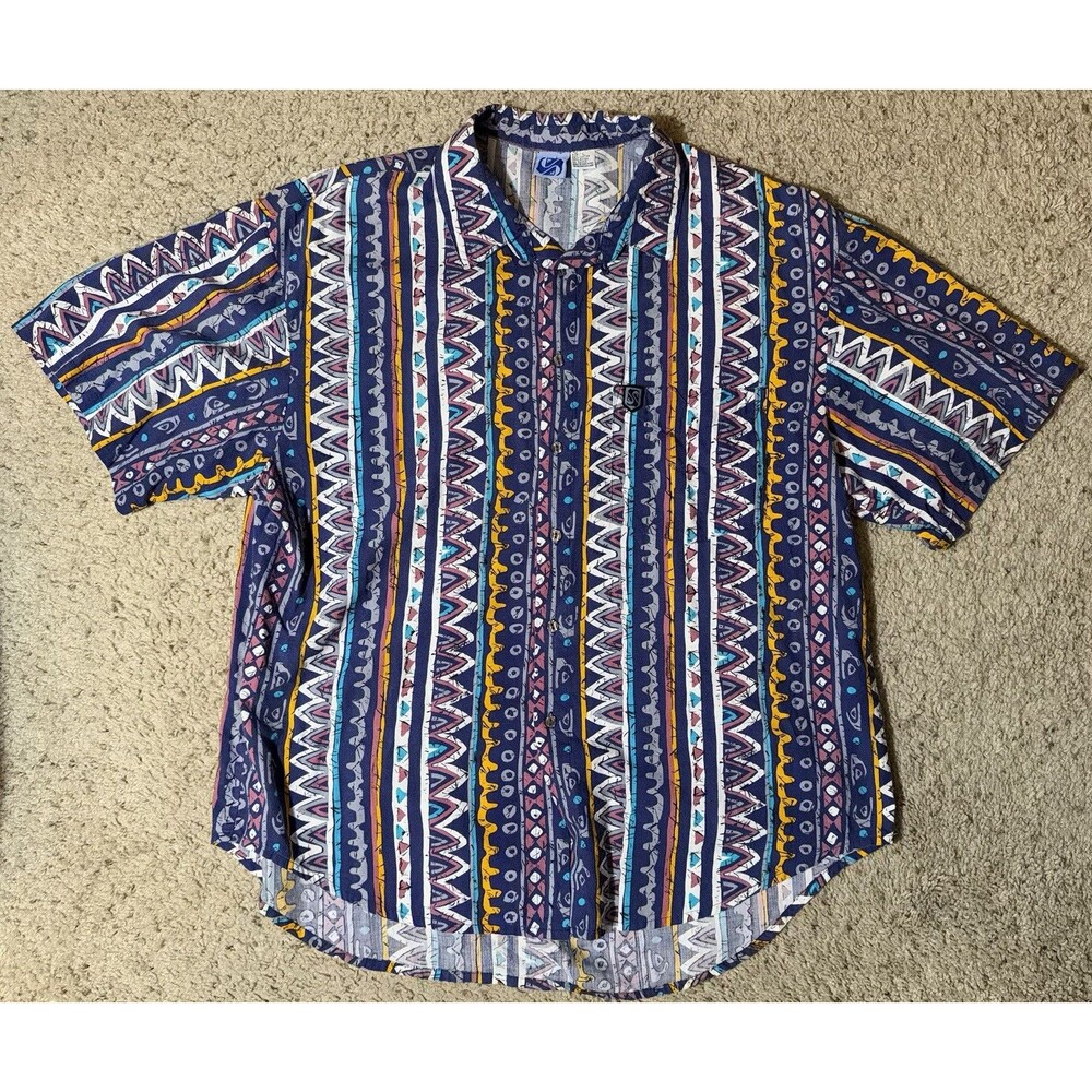 Vintage 80s Quiksilver Button Up Shirt Aztec Hawaiian Tribal Size Large Colorful